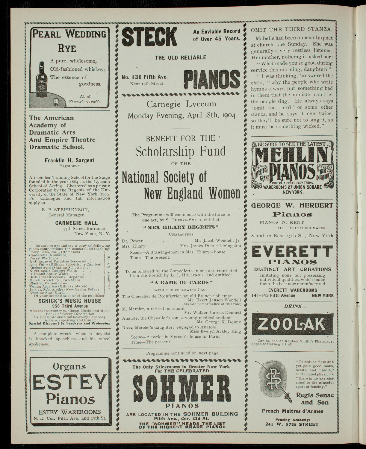 Benefit for the Scholarship Fund of theNational Society of New England Women, April 18, 1904, program page 2