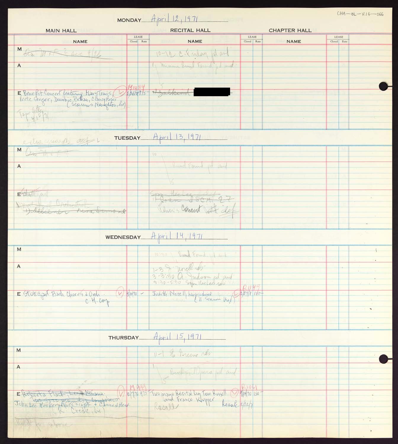 Carnegie Hall Booking Ledger, volume 16, page 66