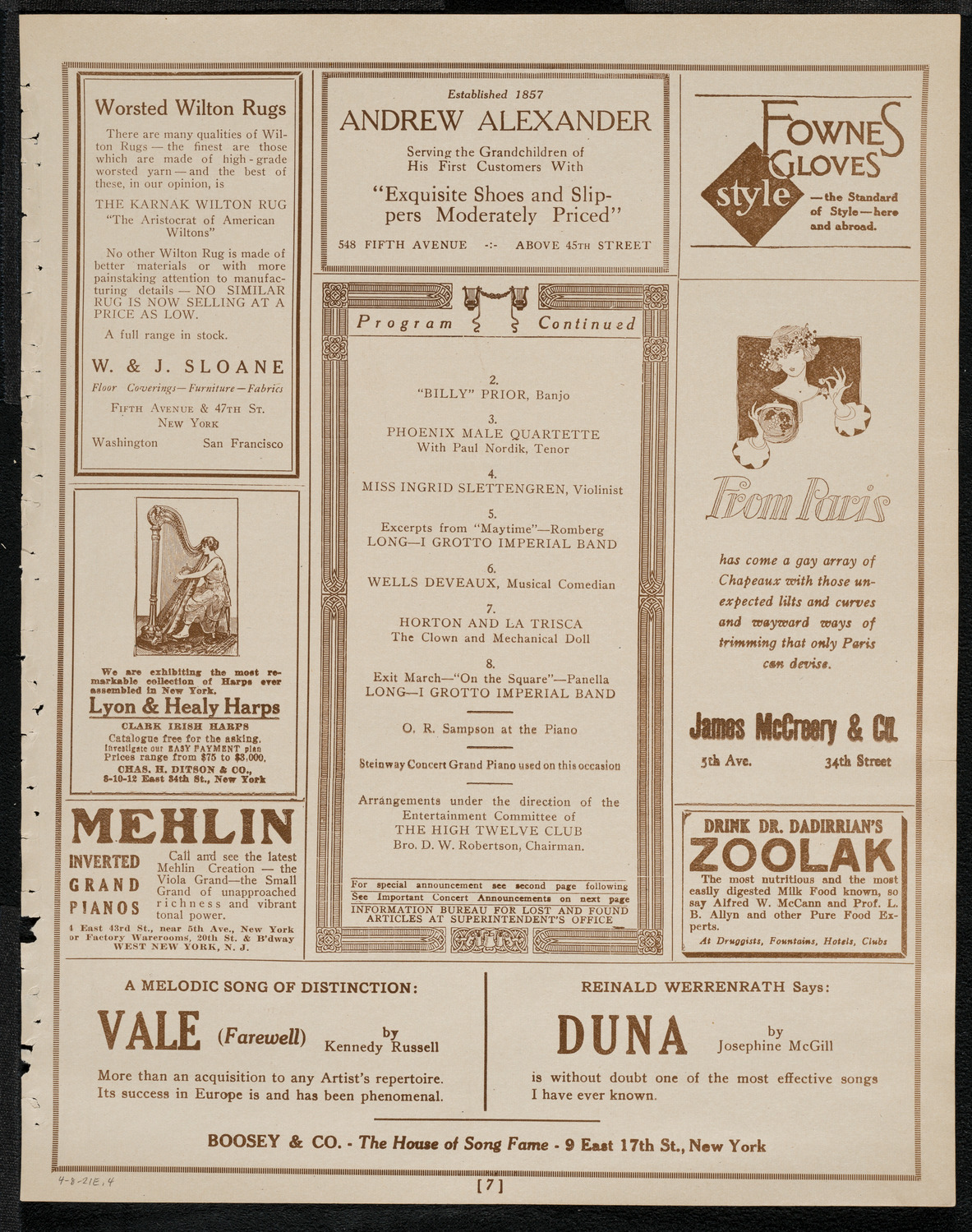 The High Twelve Club Reception and Entertainment, April 8, 1921, program page 7