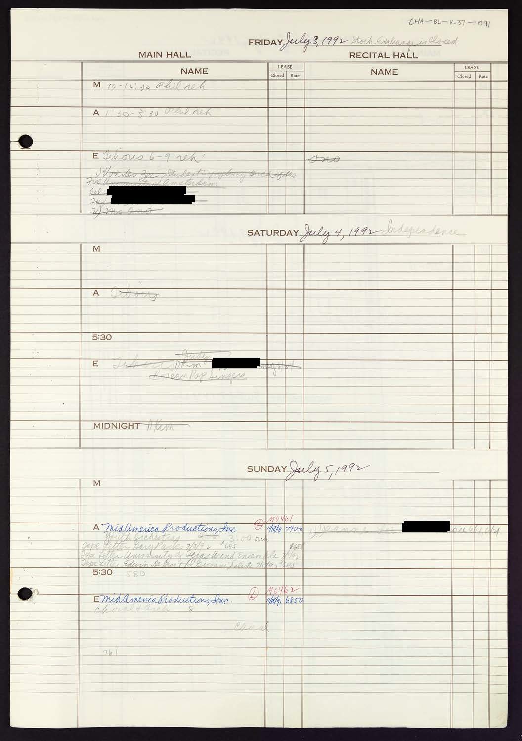 Carnegie Hall Booking Ledger, volume 37, page 91