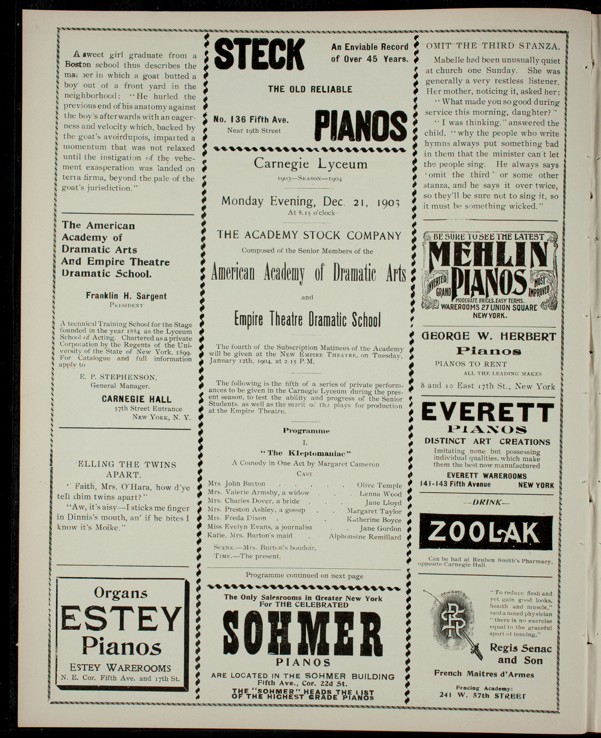Academy Stock Company of the American Academy of Dramatic Arts/ Empire Theatre Dramatic School, December 21, 1903, program page 2