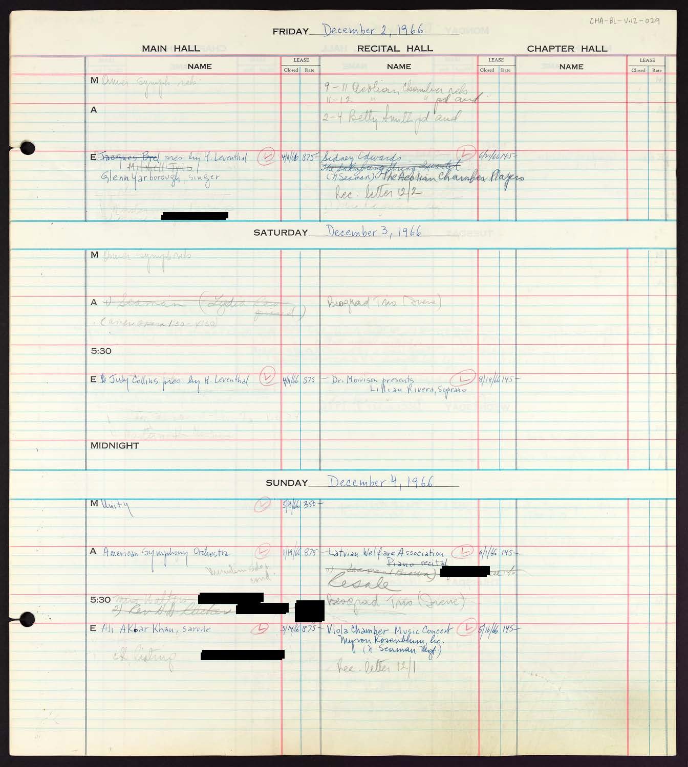 Carnegie Hall Booking Ledger, volume 12, page 29