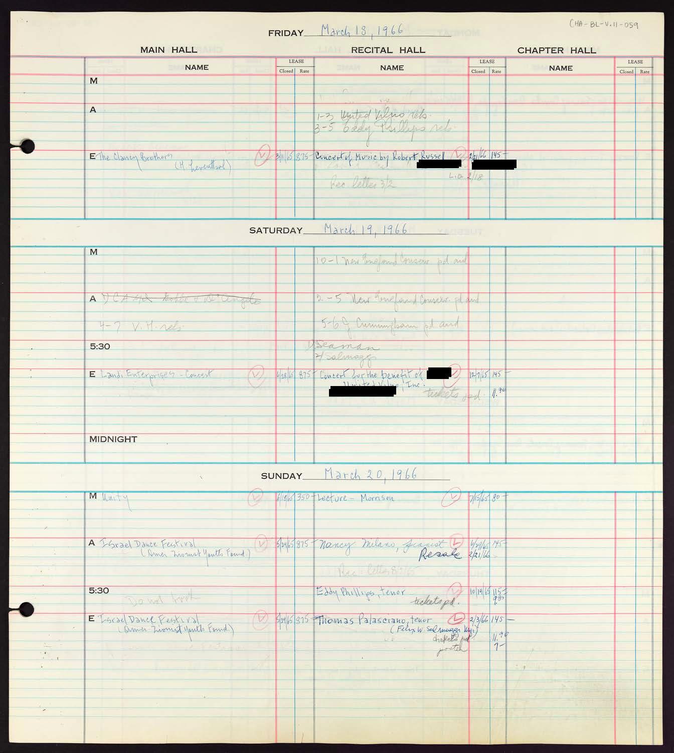 Carnegie Hall Booking Ledger, volume 11, page 59