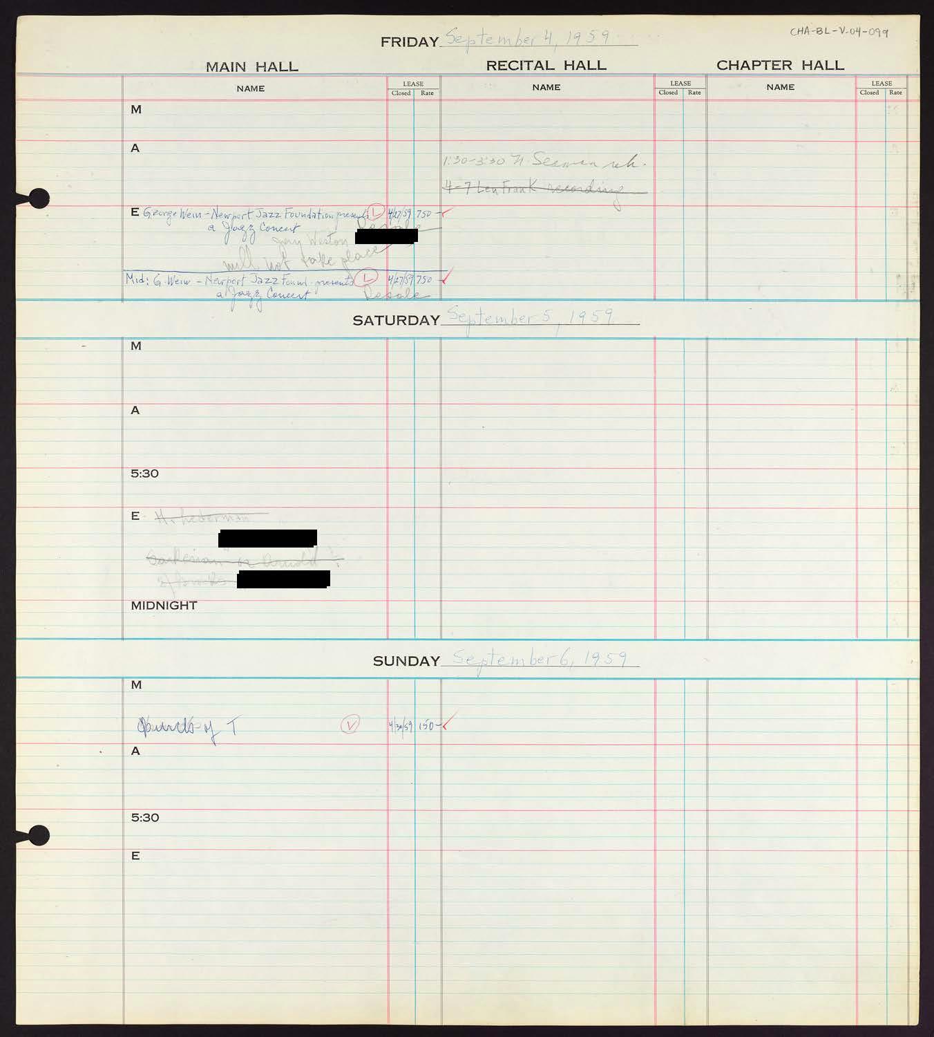 Carnegie Hall Booking Ledger, volume 4, page 99