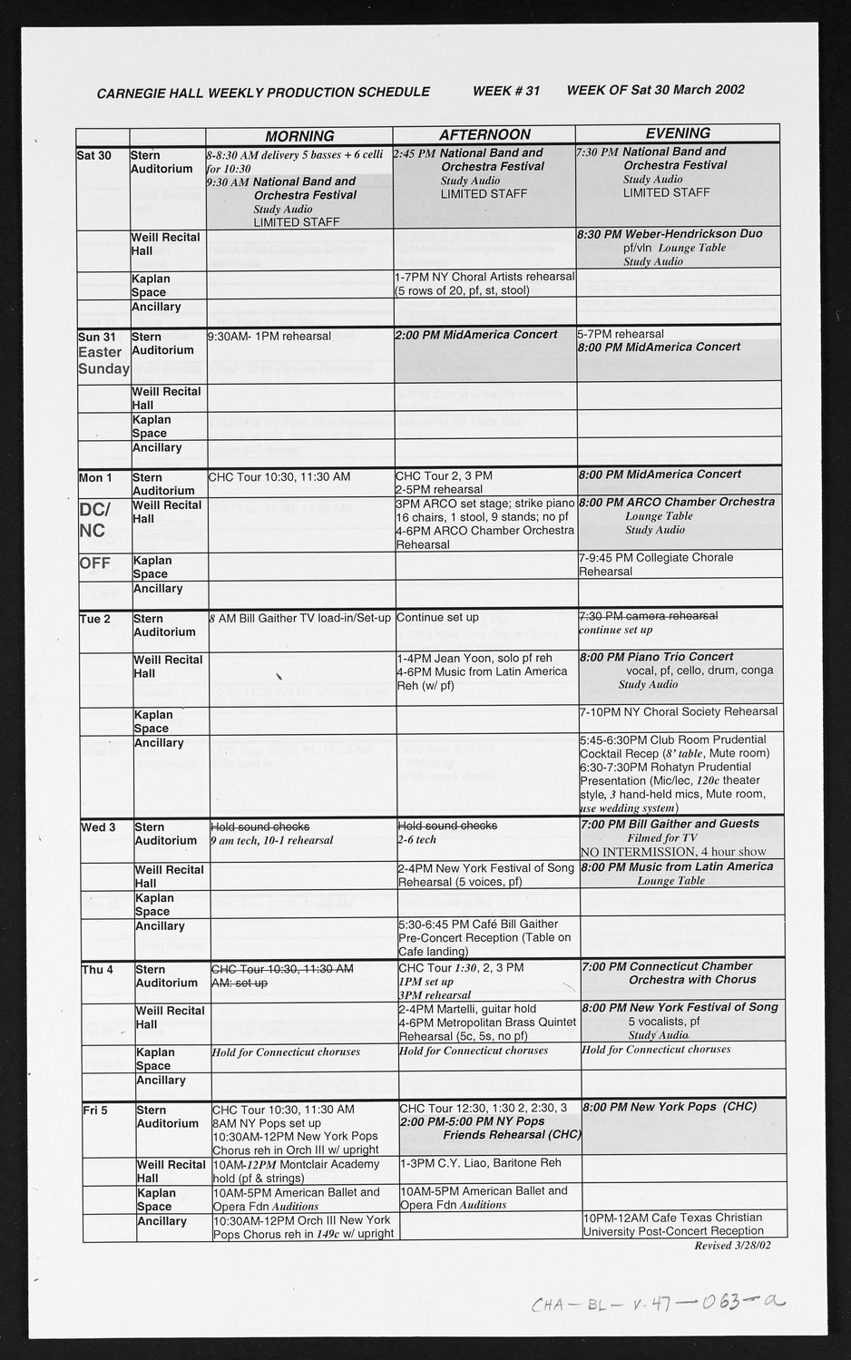 Carnegie Hall Booking Ledger, volume 47, page 63a