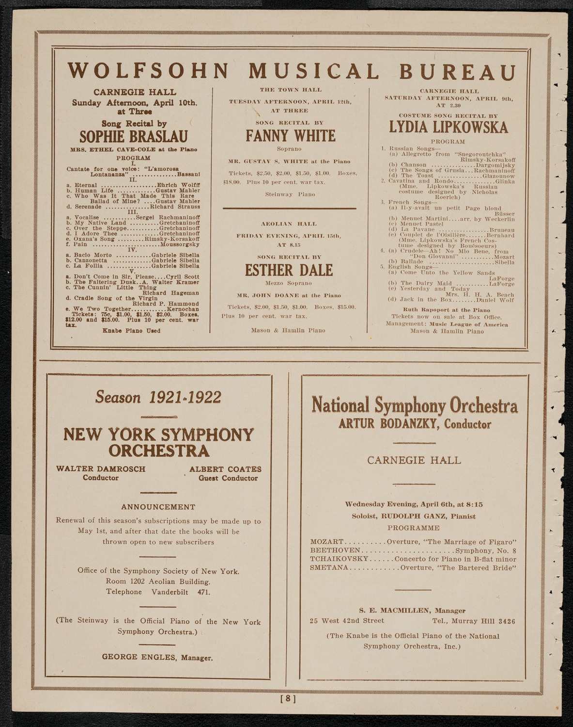 National Symphony Orchestra, April 3, 1921, program page 8