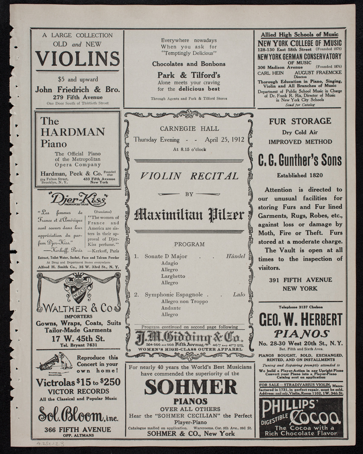 Maximilian Pilzer, Violin, April 25, 1912, program page 5