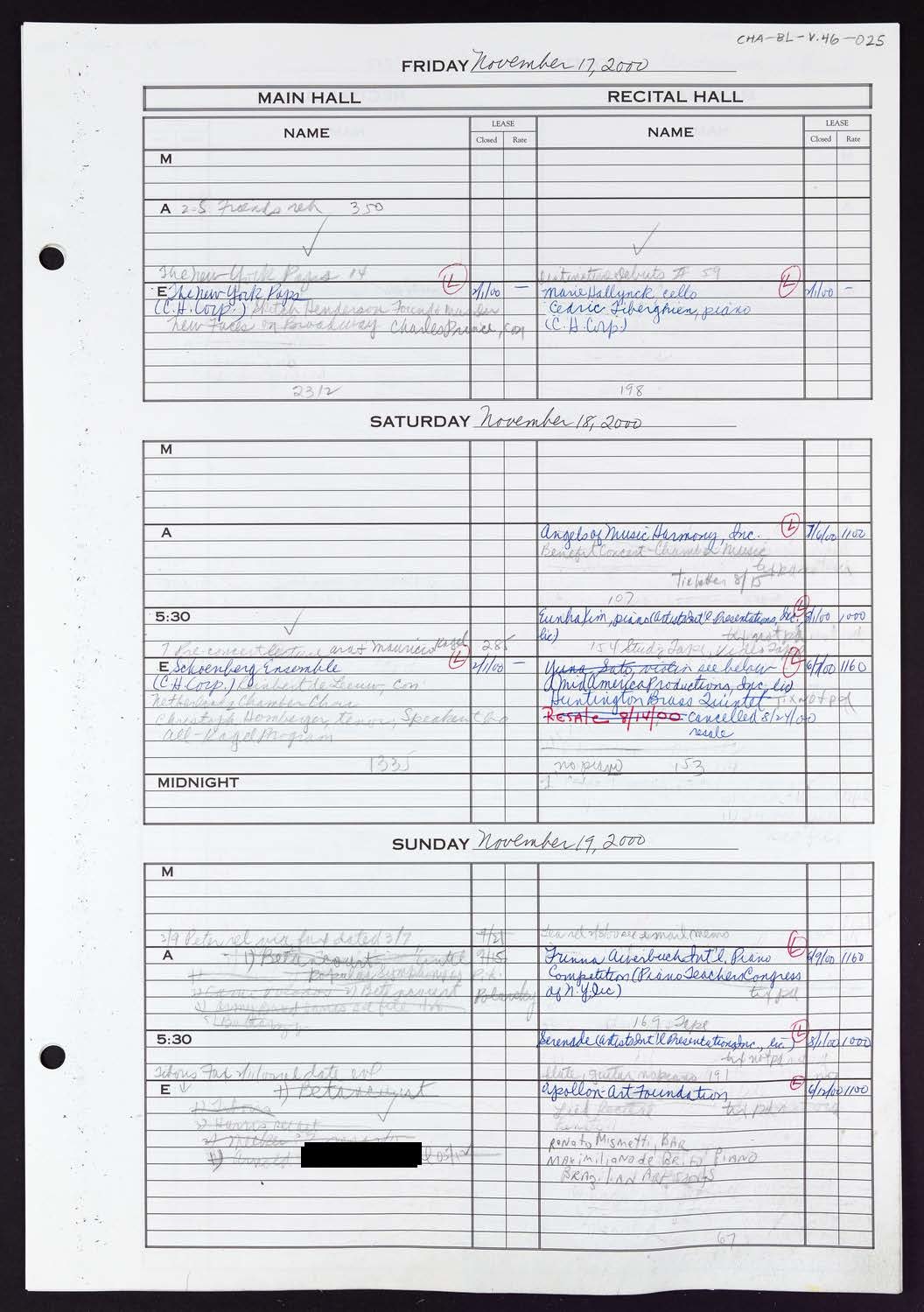 Carnegie Hall Booking Ledger, volume 46, page 25