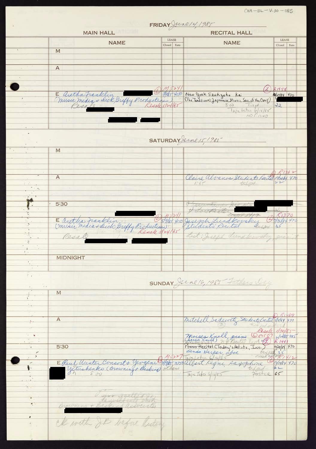 Carnegie Hall Booking Ledger, volume 30, page 85