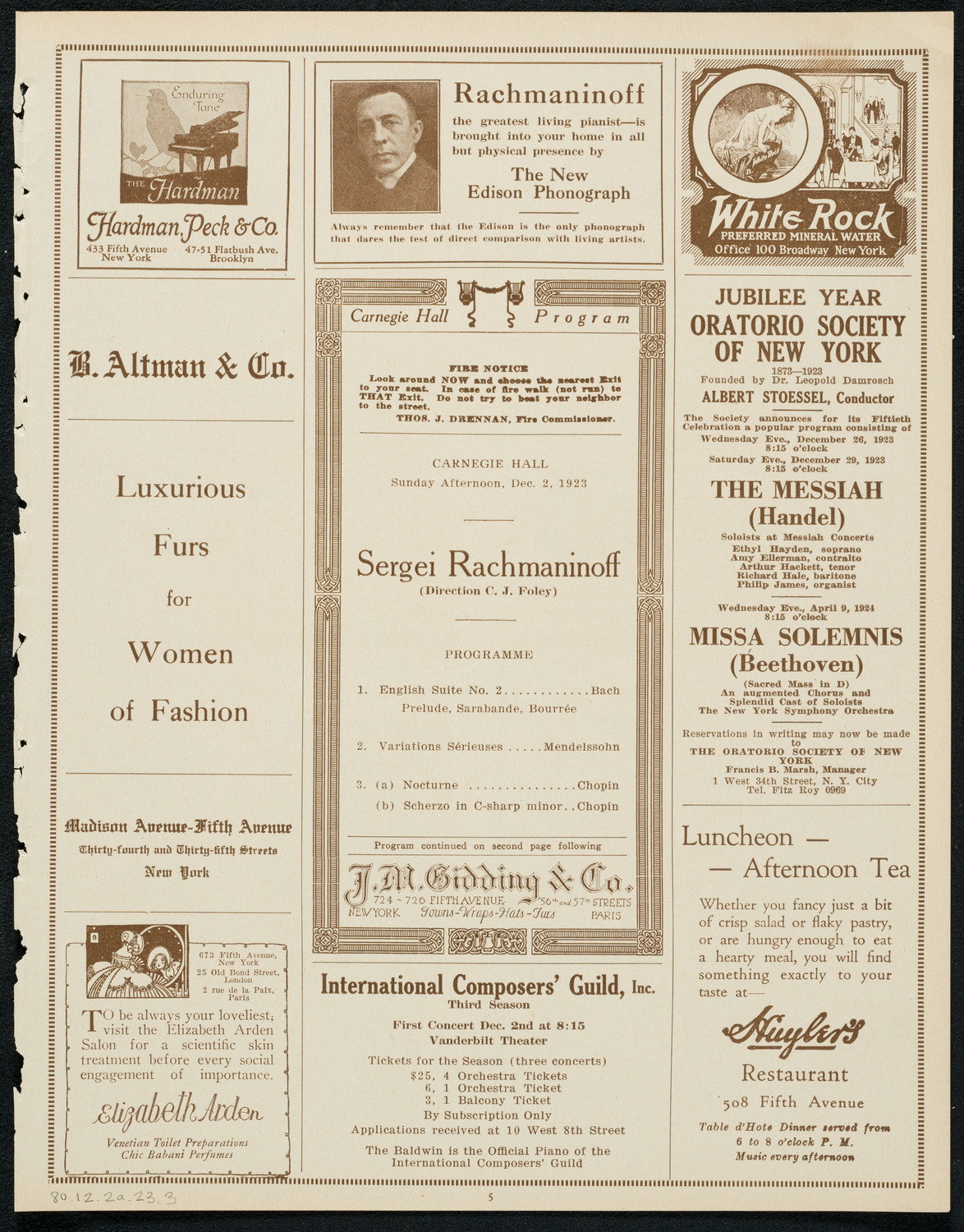 Sergei Rachmaninoff, Piano, December 2, 1923, program page 5