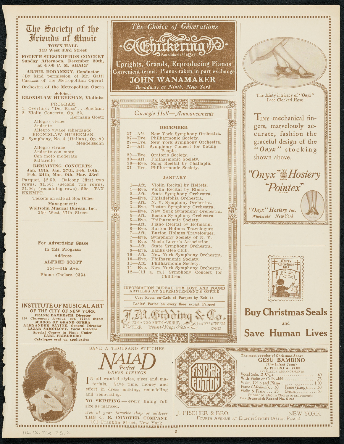 Oratorio Society of New York, December 26, 1923, program page 3