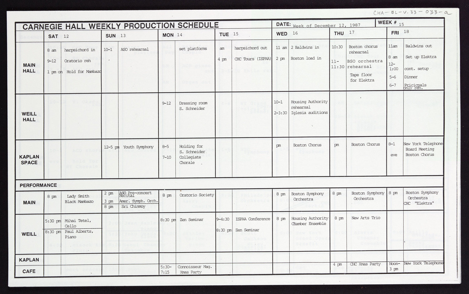 Carnegie Hall Booking Ledger, volume 33, page 33a