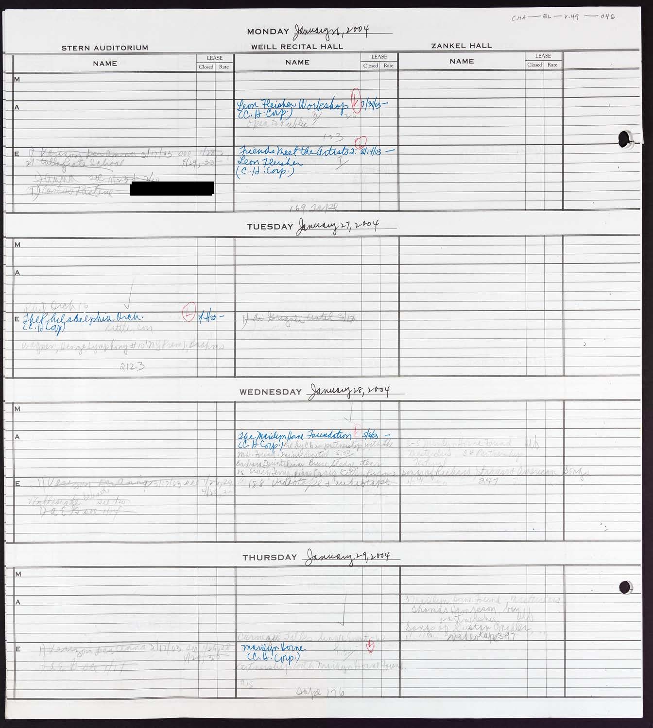 Carnegie Hall Booking Ledger, volume 49, page 46