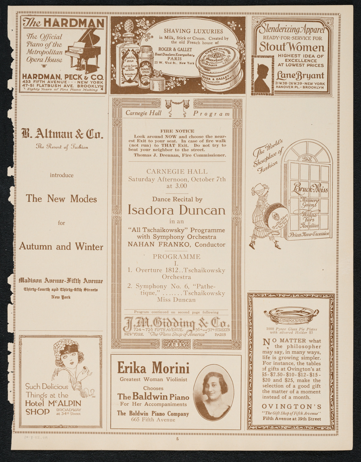 Isadora Duncan, Dancer, with Orchestra, October 7, 1922, program page 5
