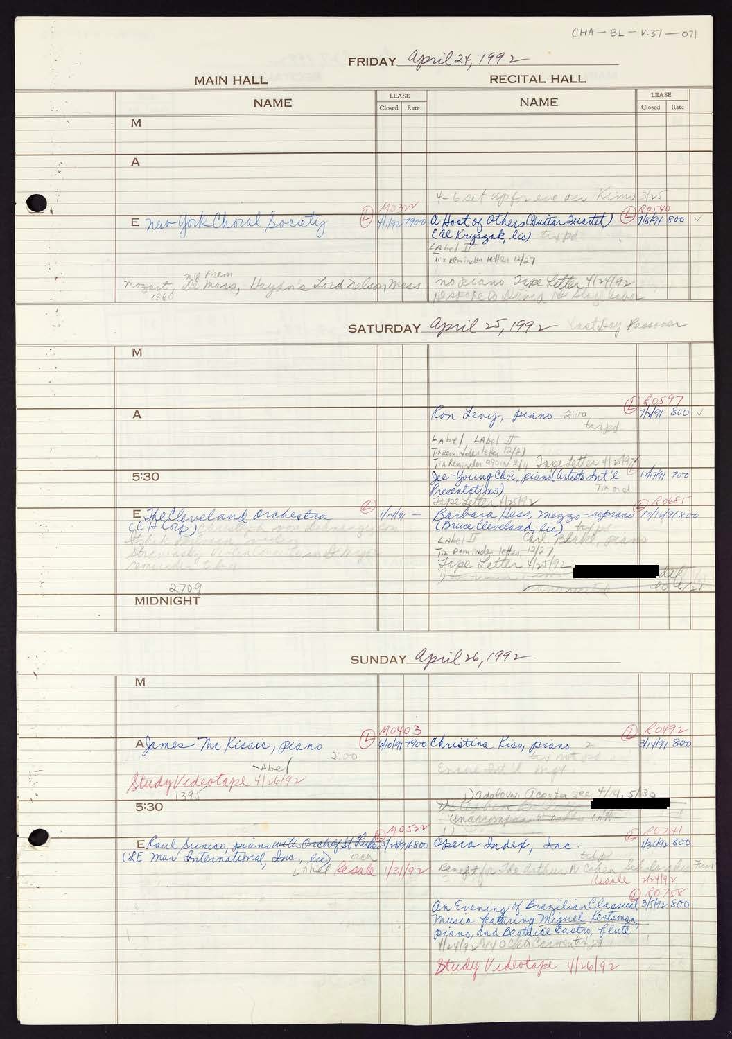 Carnegie Hall Booking Ledger, volume 37, page 71