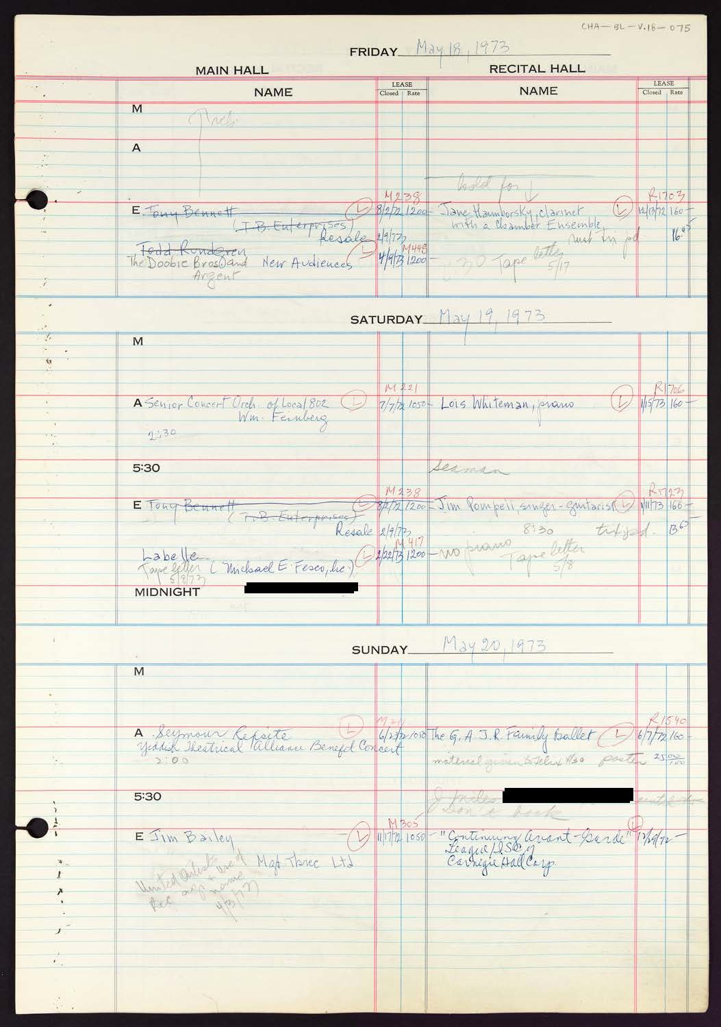 Carnegie Hall Booking Ledger, volume 18, page 75