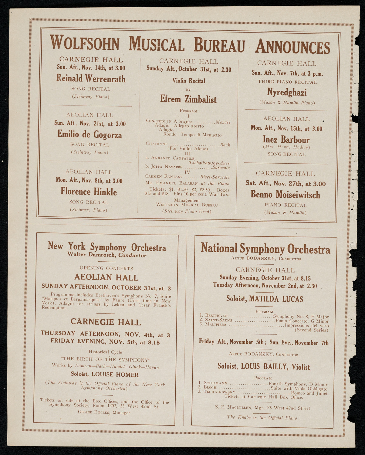 Mishel Piastro, Violin, October 30, 1920, program page 8