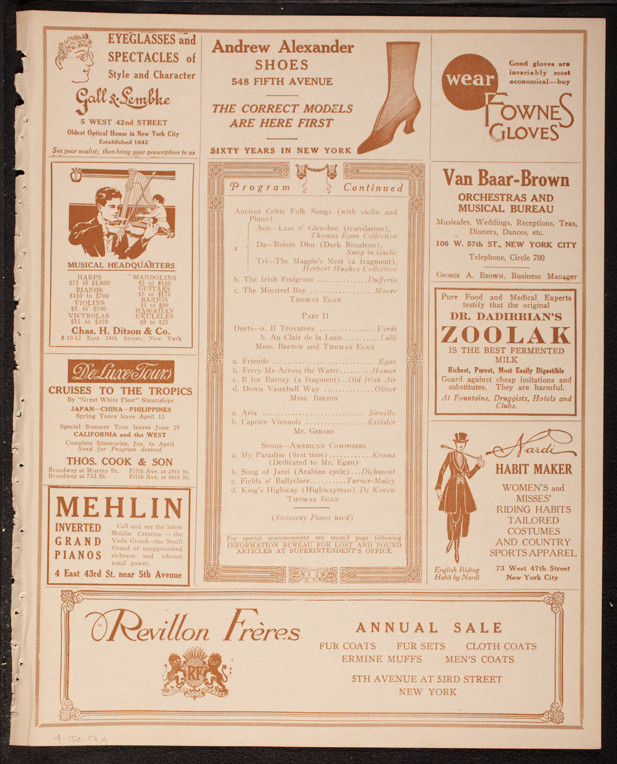 Thomas Egan, Tenor, assisted by Lilian Breton, Soprano, and Frederic Gerard, Violin, April 15, 1917, program page 7