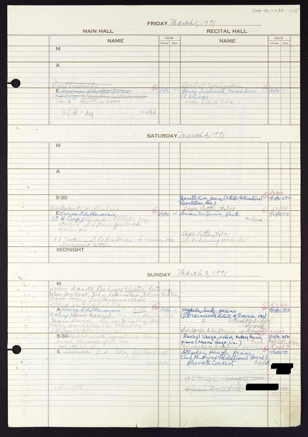 Carnegie Hall Booking Ledger, volume 36, page 55