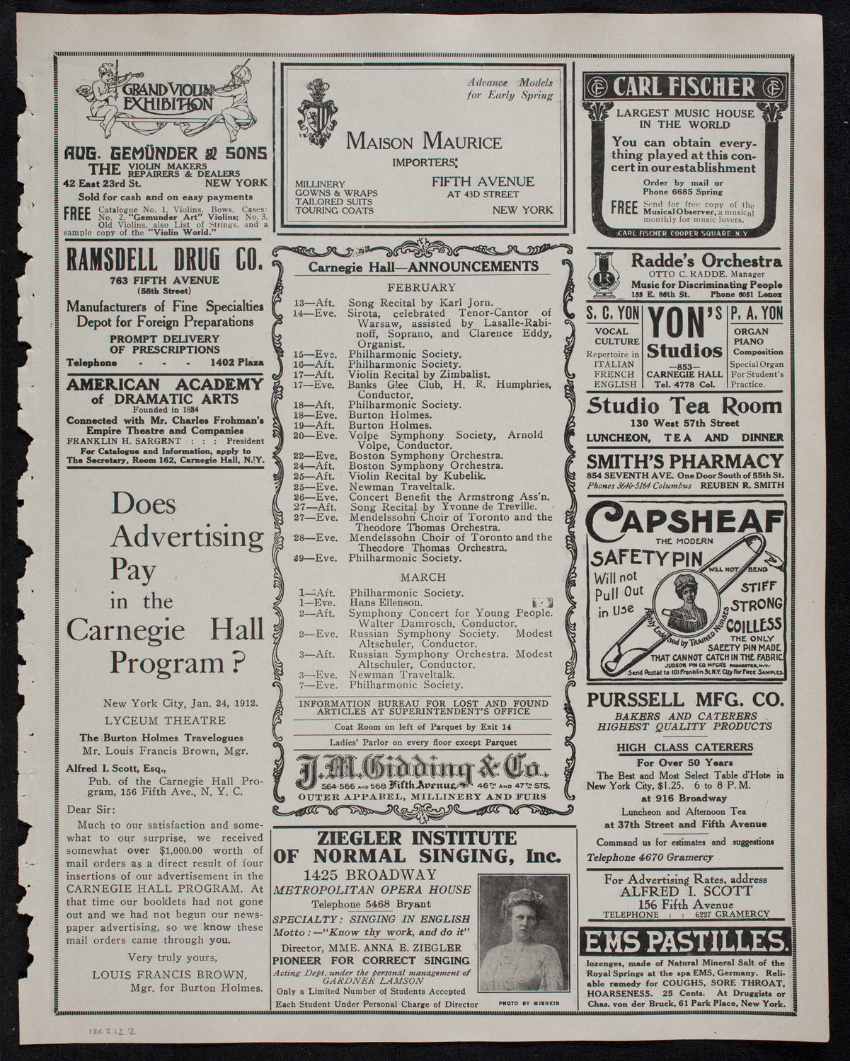 MacDowell Chorus with the New York Philharmonic, February 12, 1912, program page 3