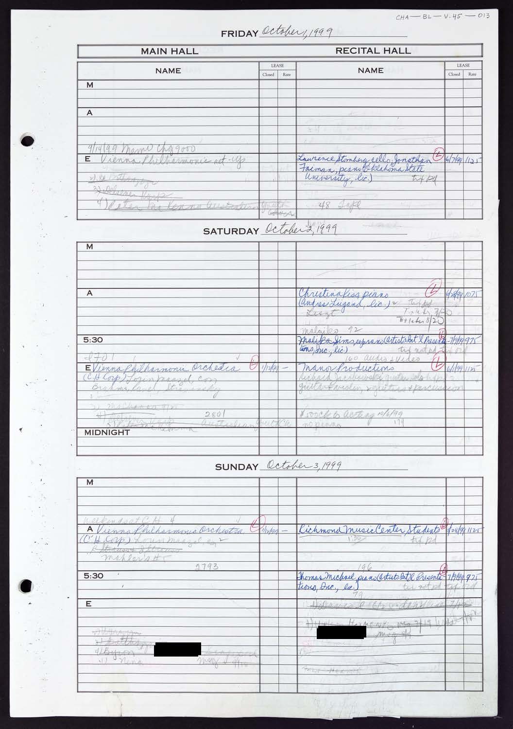 Carnegie Hall Booking Ledger, volume 45, page 13