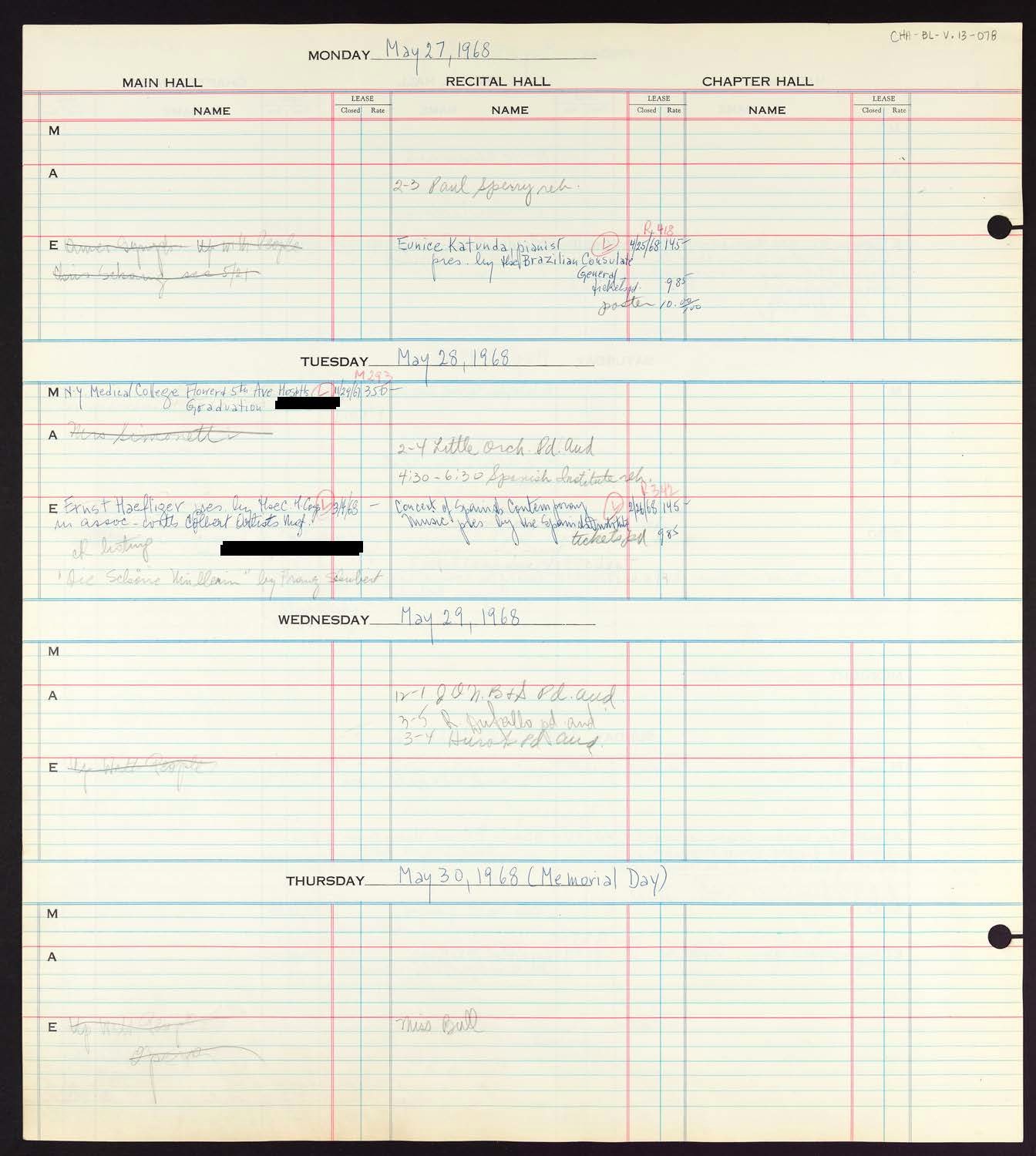 Carnegie Hall Booking Ledger, volume 13, page 78