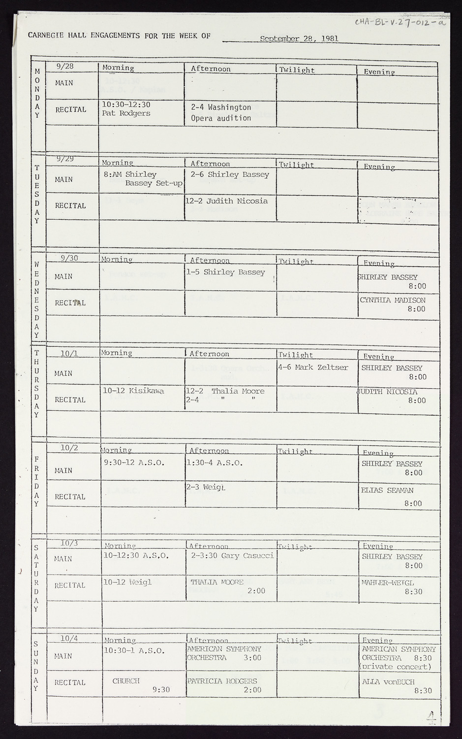 Carnegie Hall Booking Ledger, volume 27, page 12a