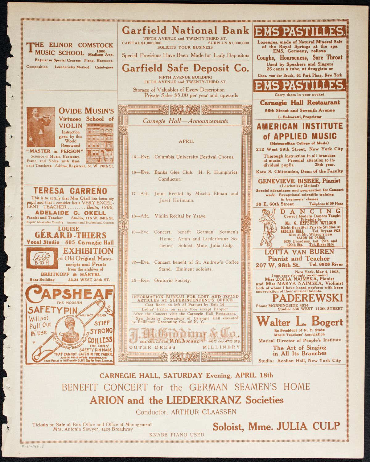 Socialist Music Festival, April 11, 1914, program page 3