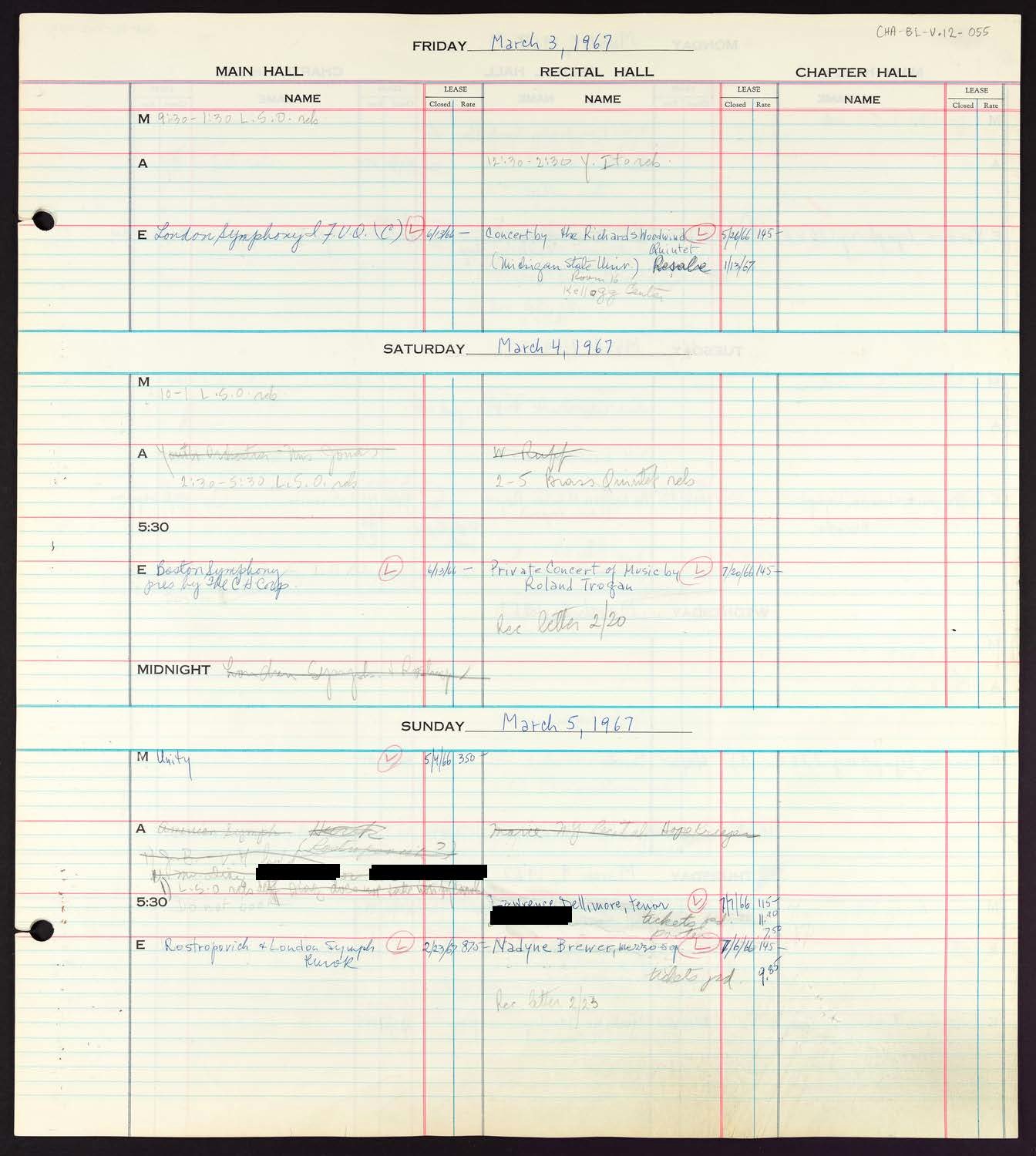 Carnegie Hall Booking Ledger, volume 12, page 55