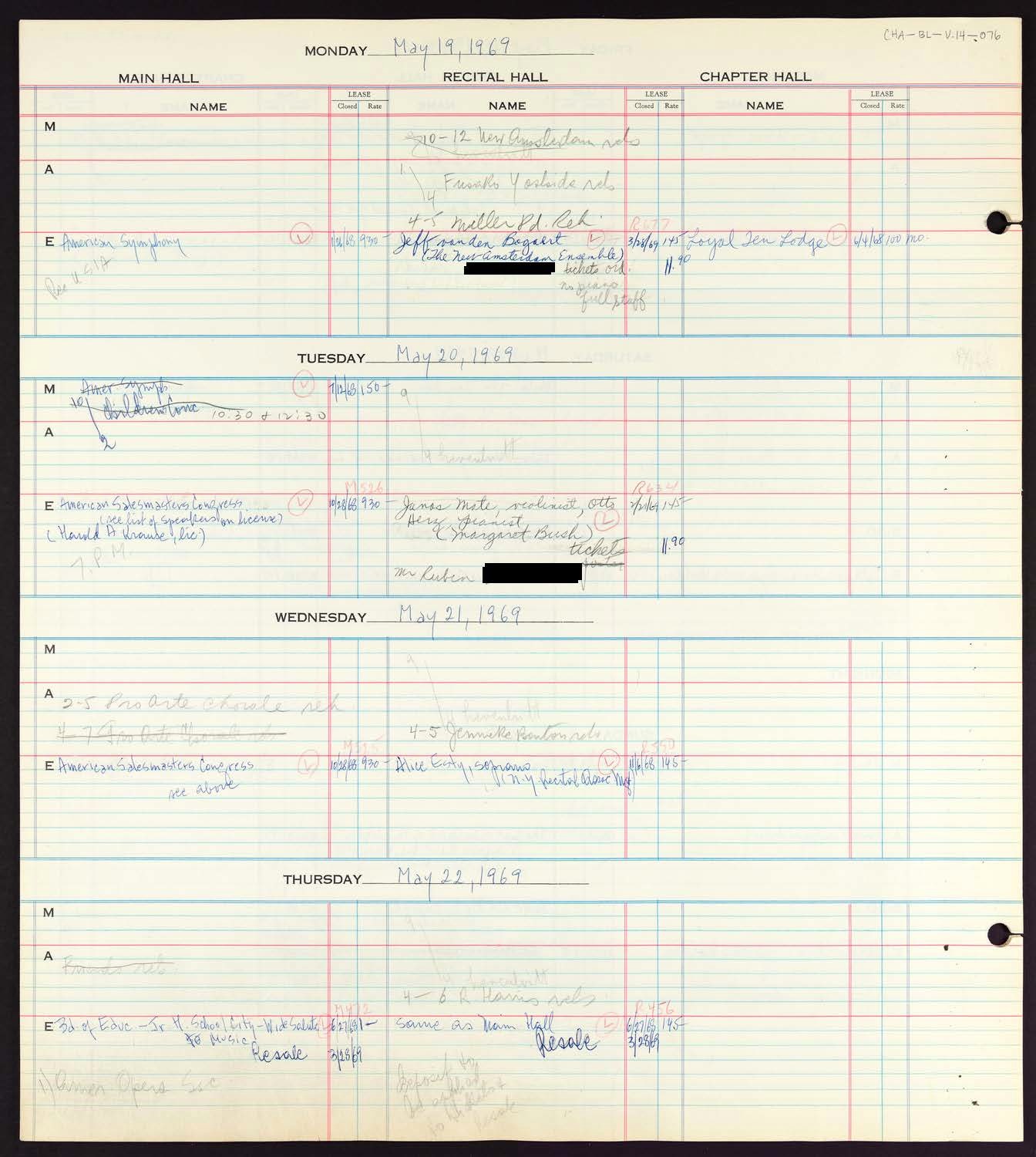 Carnegie Hall Booking Ledger, volume 14, page 76