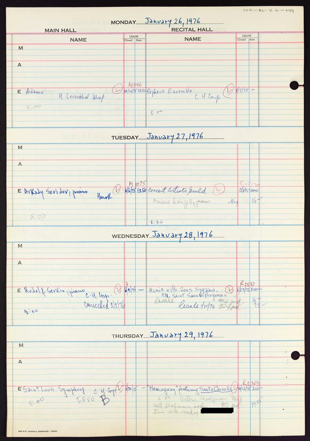 Carnegie Hall Booking Ledger, volume 21, page 44