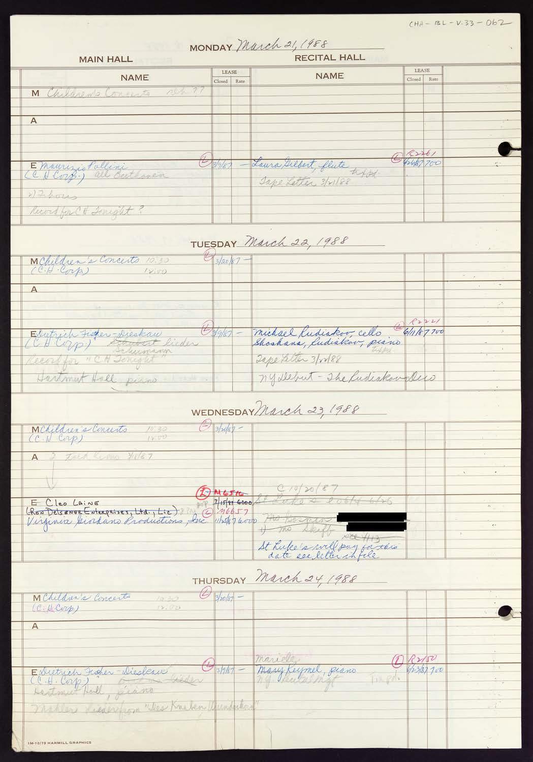 Carnegie Hall Booking Ledger, volume 33, page 62