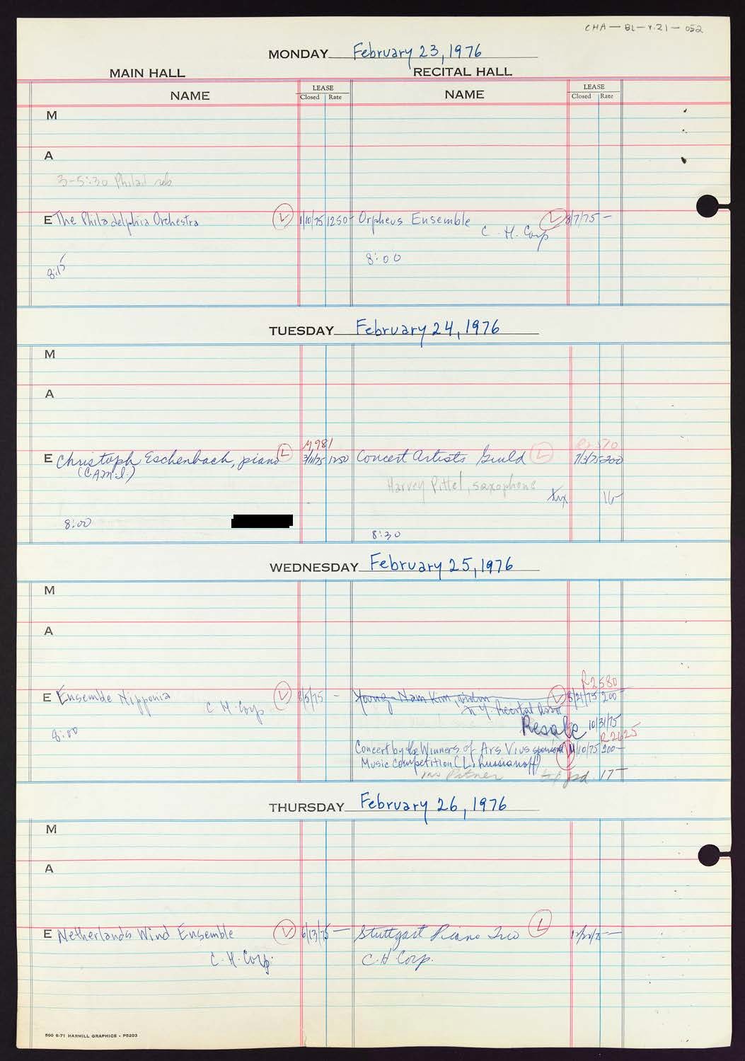 Carnegie Hall Booking Ledger, volume 21, page 52