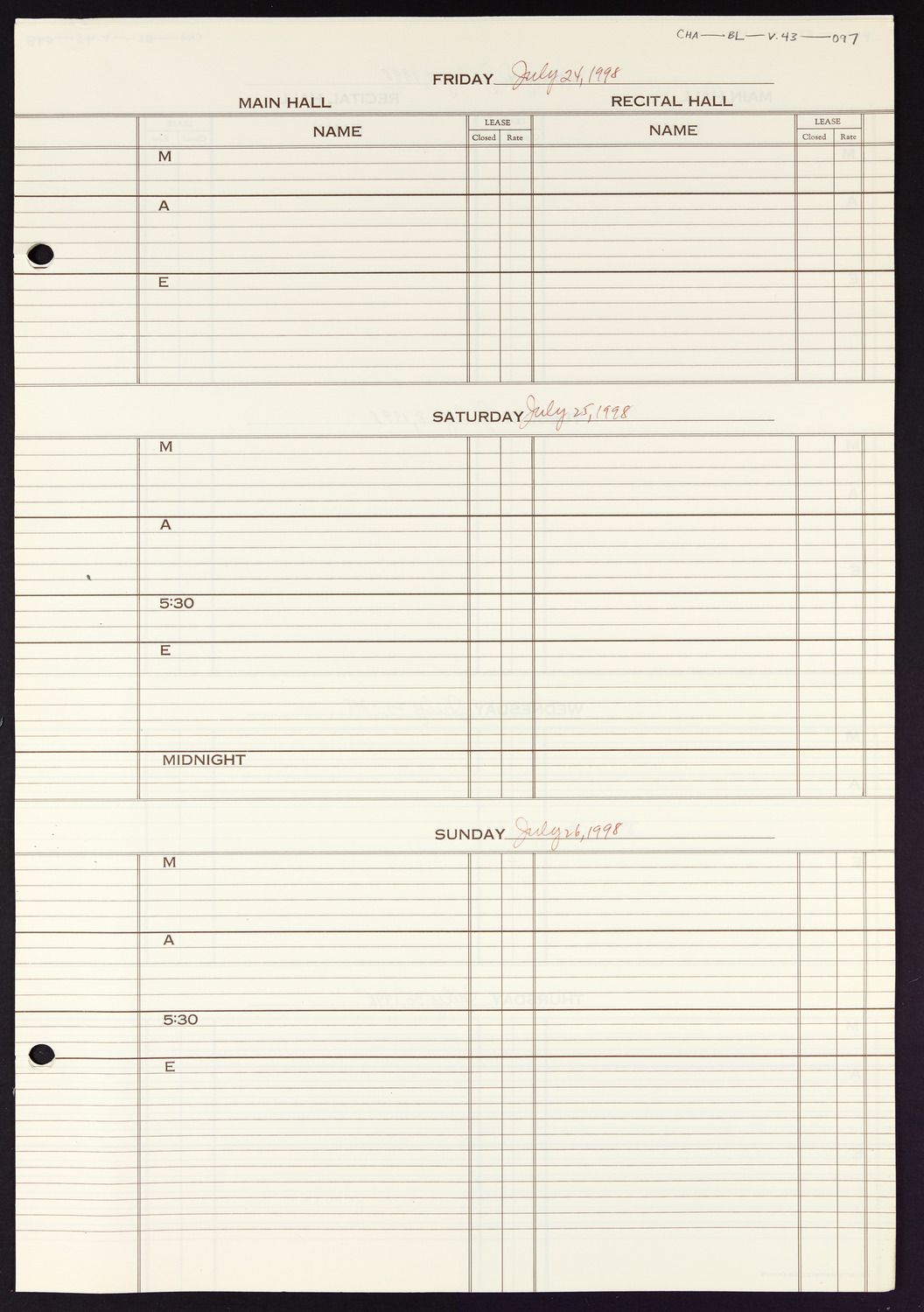 Carnegie Hall Booking Ledger, volume 43, page 97