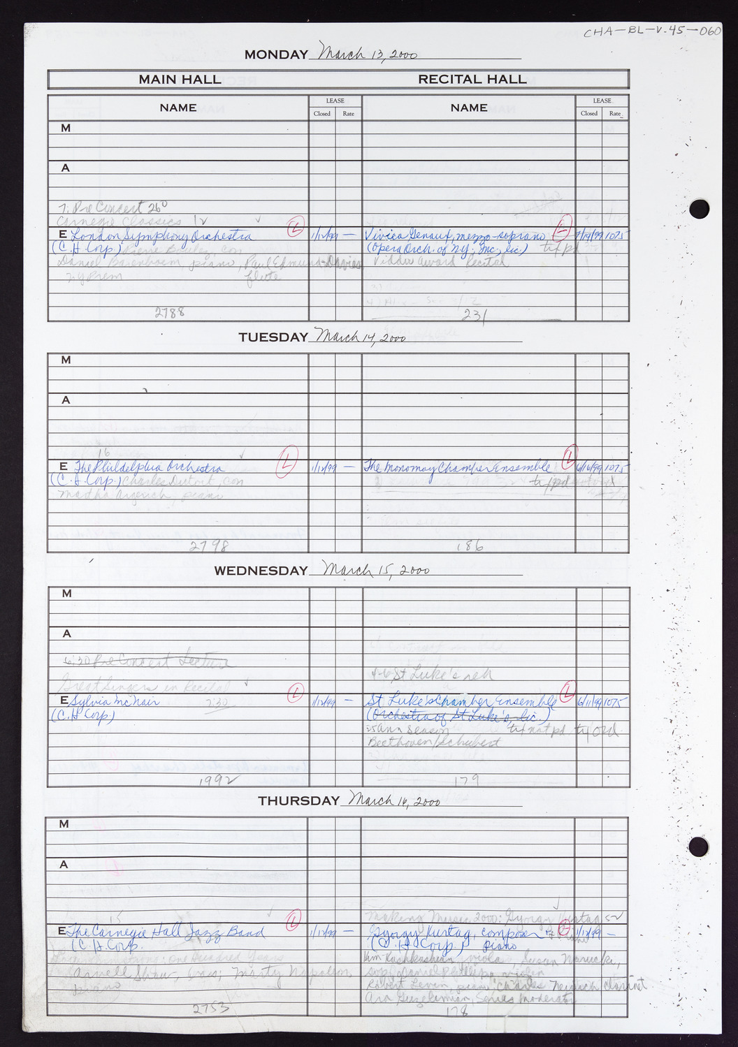 Carnegie Hall Booking Ledger, volume 45, page 60