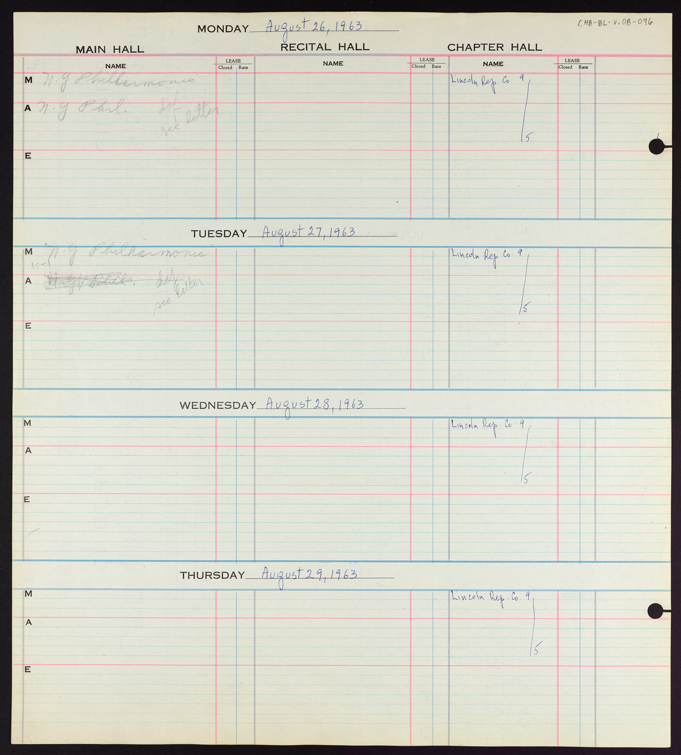 Carnegie Hall Booking Ledger, volume 8, page 96