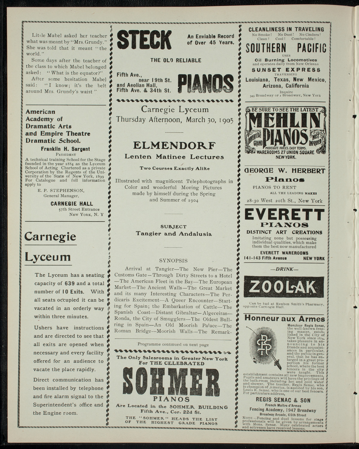 Elmendorf Lecture: Tangier and Andalusia, March 30, 1905, program page 2