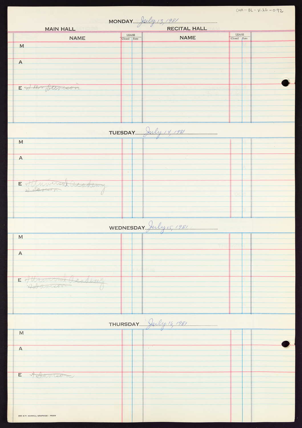 Carnegie Hall Booking Ledger, volume 26, page 92