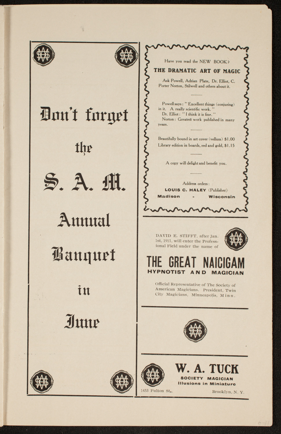 Society of American Magicians, January 14, 1911, program page 13