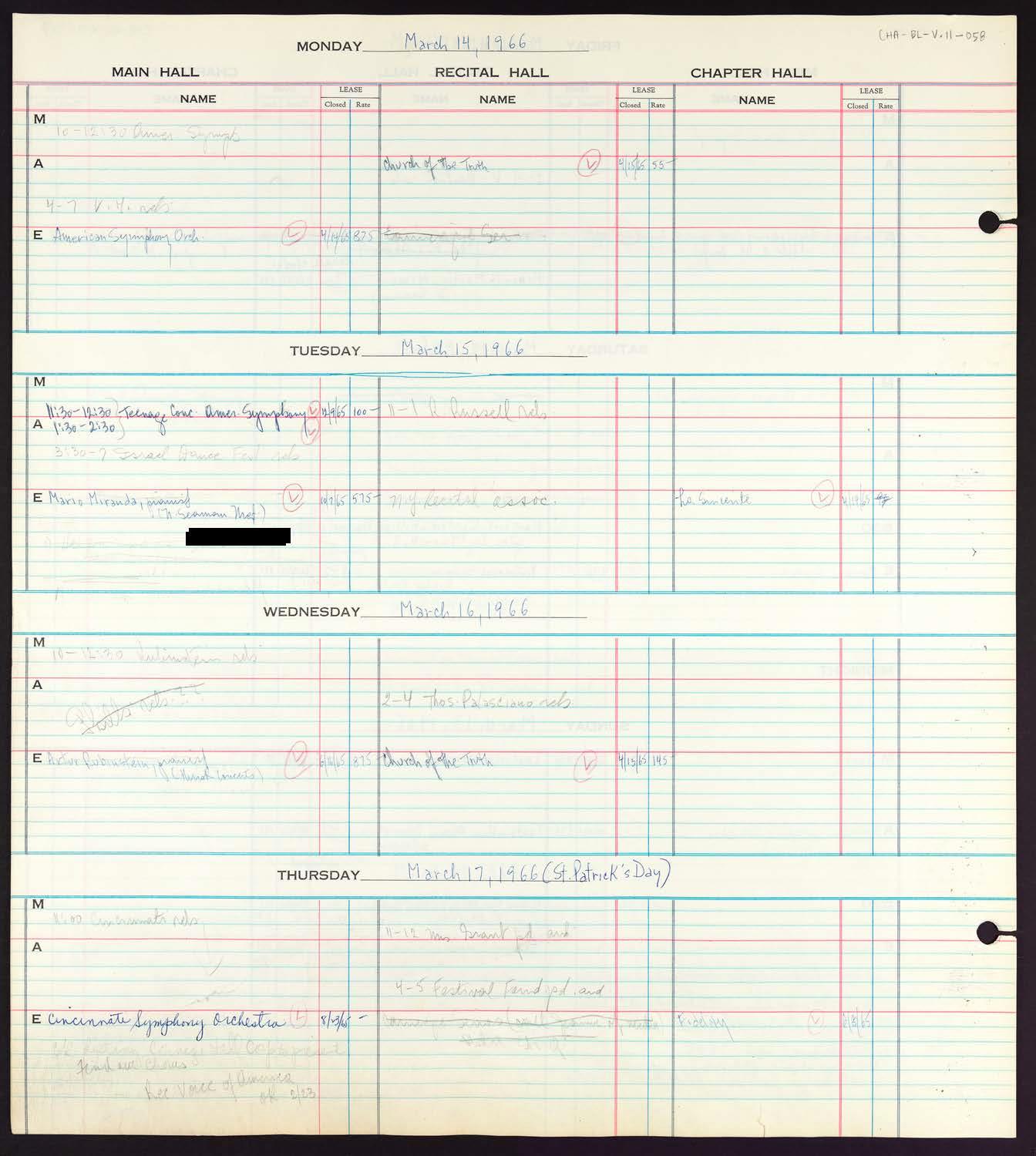 Carnegie Hall Booking Ledger, volume 11, page 58