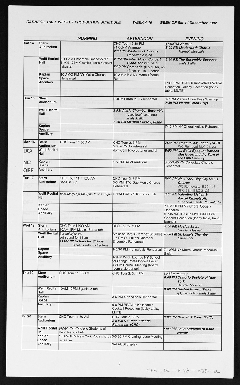 Carnegie Hall Booking Ledger, volume 48, page 33a