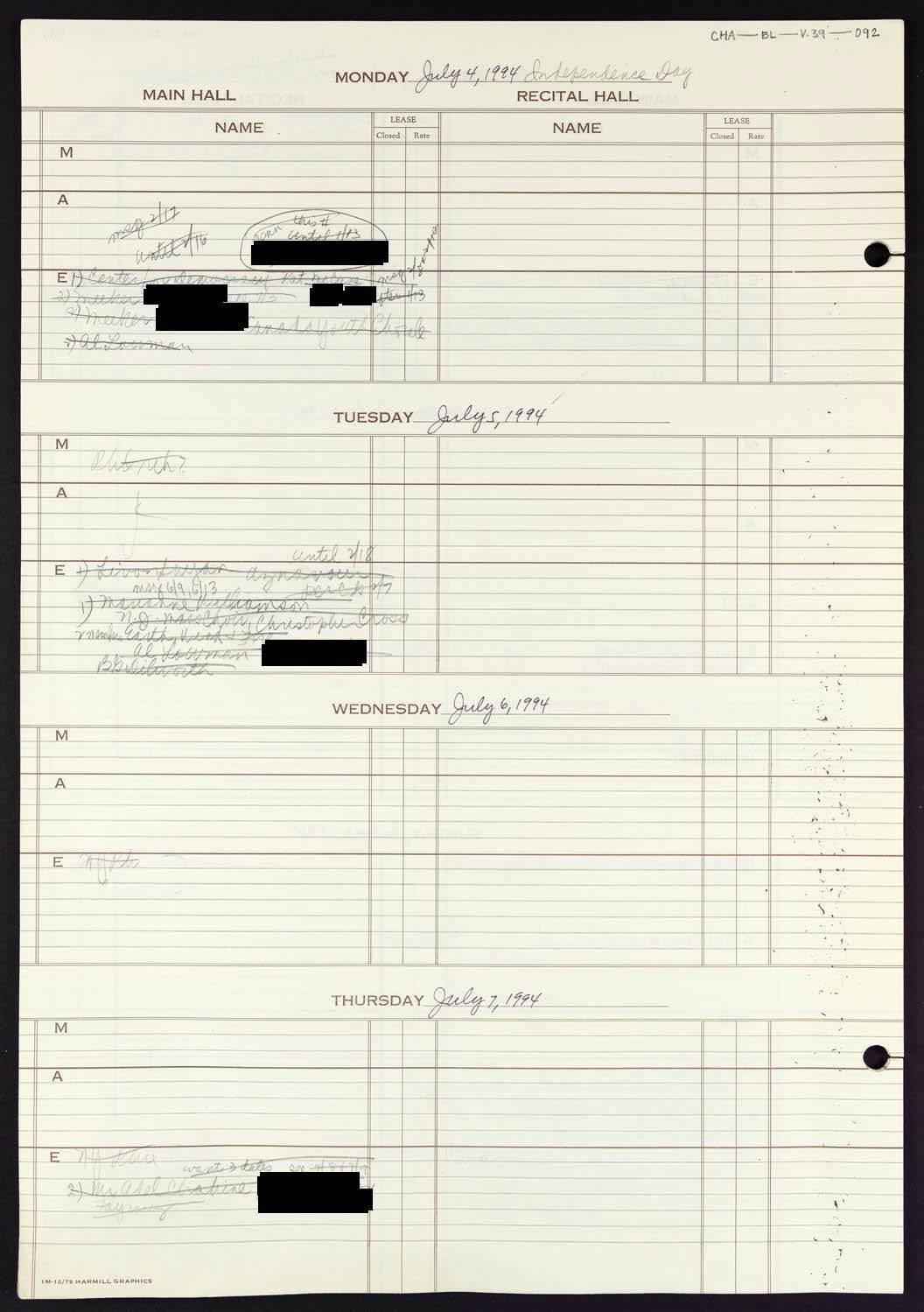 Carnegie Hall Booking Ledger, volume 39, page 92