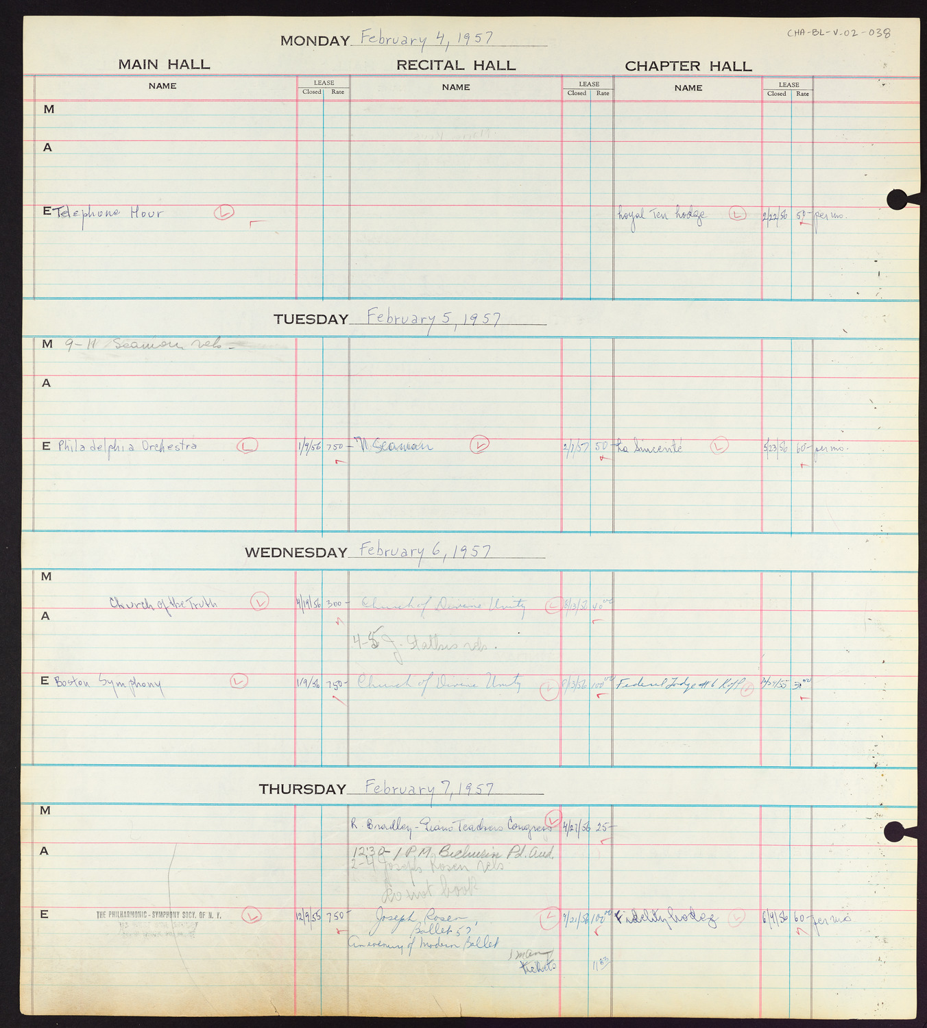 Carnegie Hall Booking Ledger, volume 2, page 38