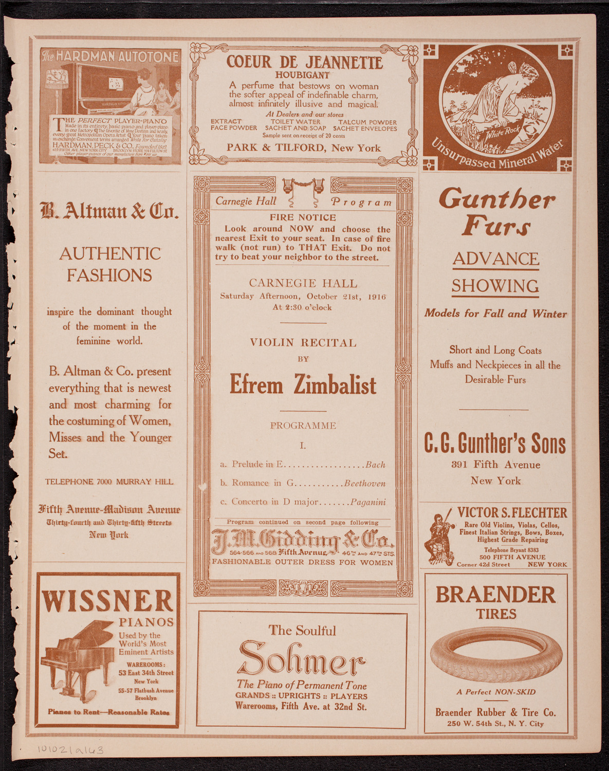 Efrem Zimbalist, Violin, October 21, 1916, program page 5