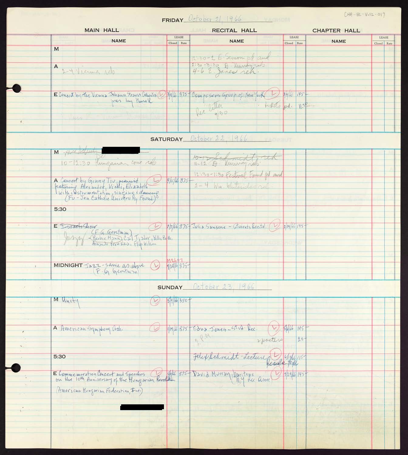 Carnegie Hall Booking Ledger, volume 12, page 17