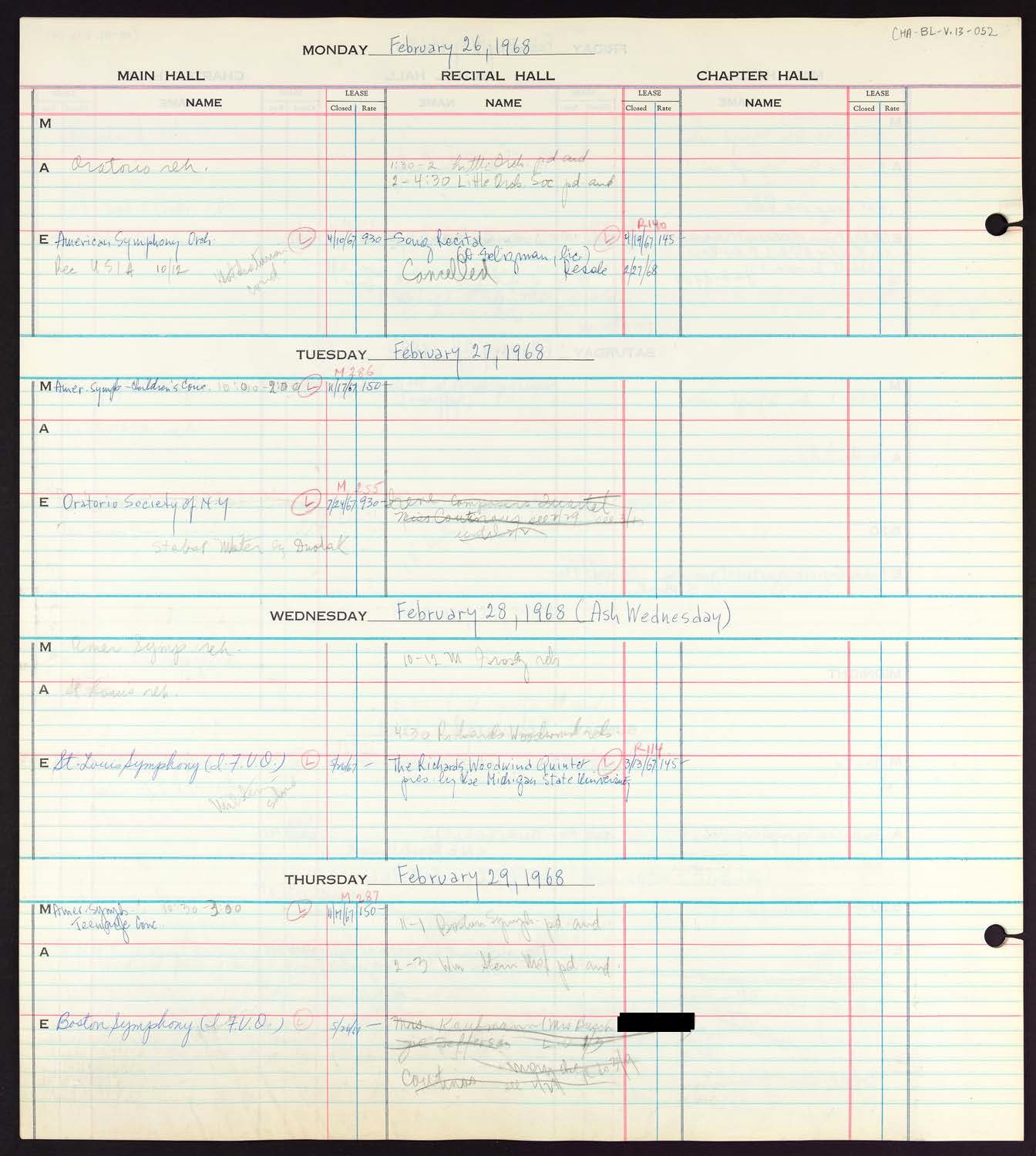 Carnegie Hall Booking Ledger, volume 13, page 52