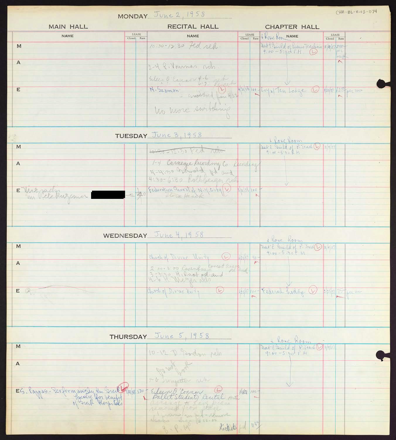 Carnegie Hall Booking Ledger, volume 3, page 74