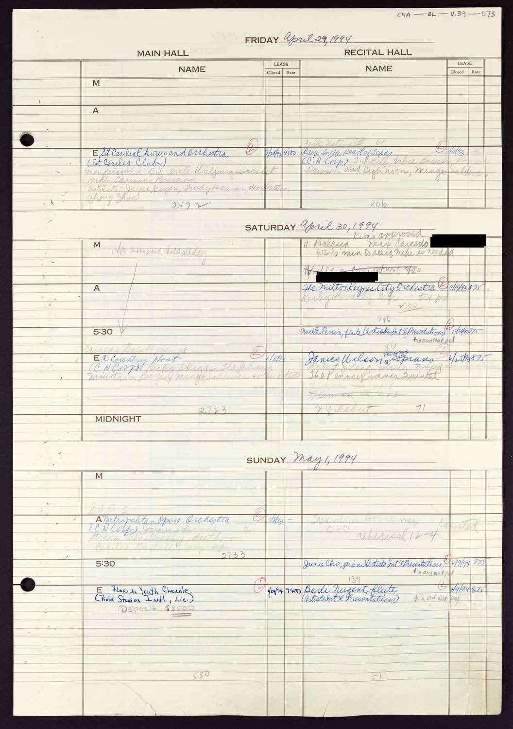 Carnegie Hall Booking Ledger, volume 39, page 73