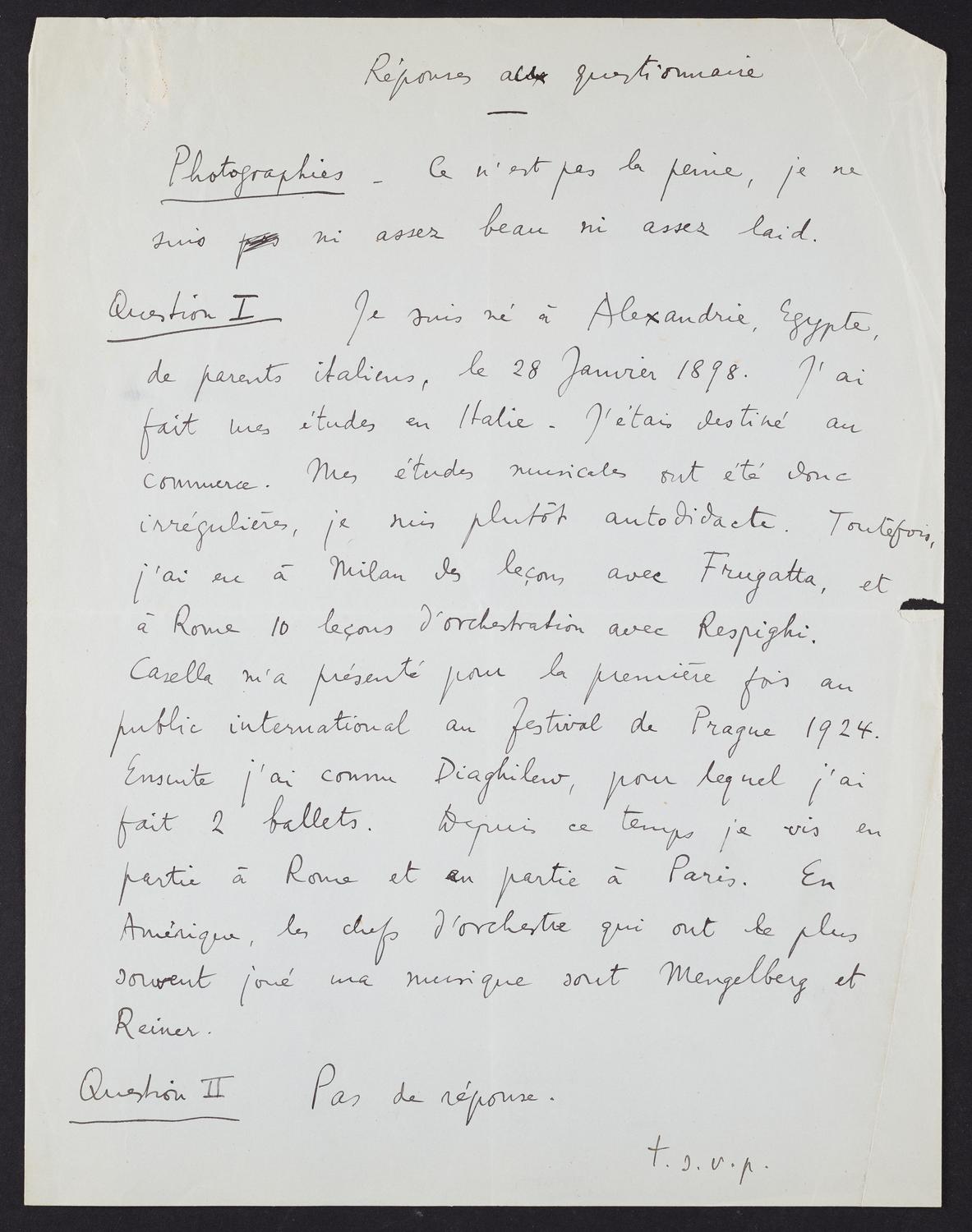 Correspondence from Vittorio Rieti to David Ewen, page 1 of 3
