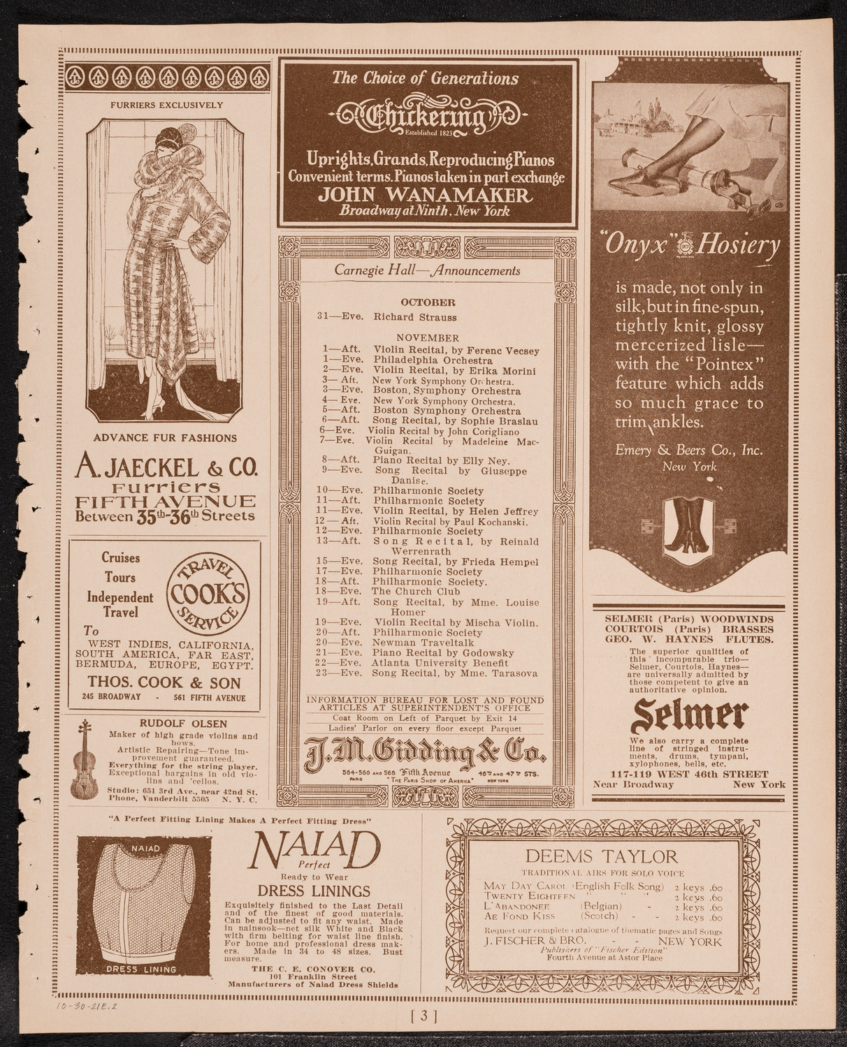Johanna Gadski, Soprano, with the New York Philharmonic, October 30, 1921, program page 3